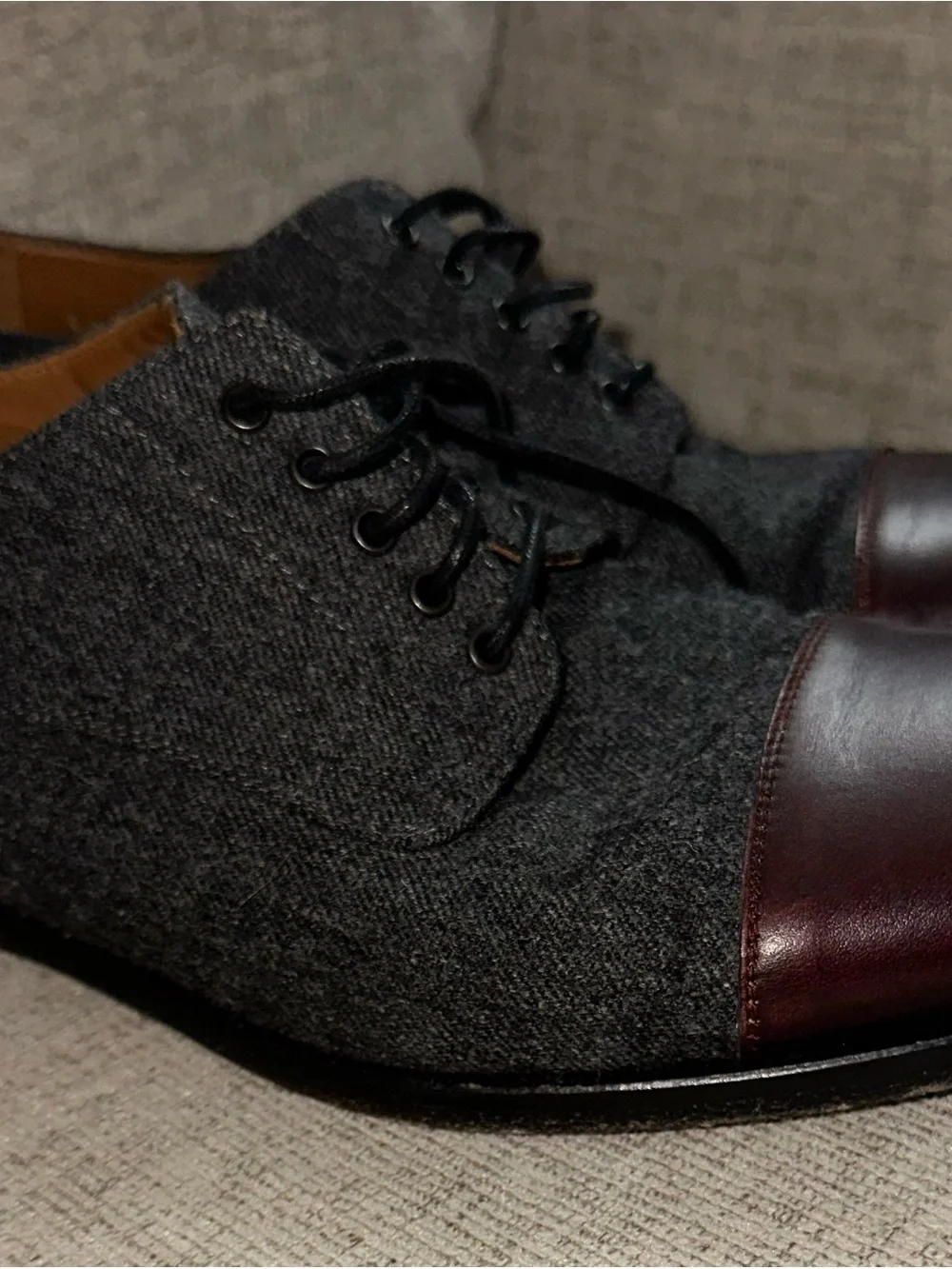 Taft Gray Wool and Burgundy Leather Cap-Toe Oxfords